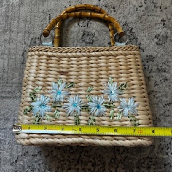 🧡3/15 Straw Bag Bamboo Handles Floral Embroidery Lined Zipper - Picture 3 of 10